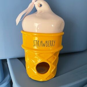 Strawberry Ice Cream Cone Ceramic BIRD HOUSE Yellow & Pink